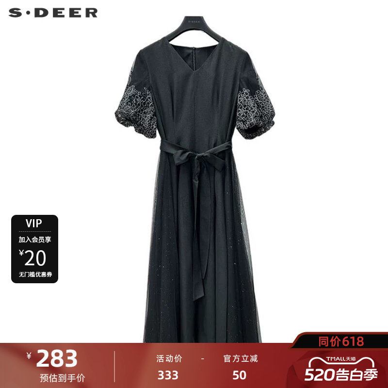 sdeer圣迪奥女装V领绣花网纱收腰泡泡袖连衣裙S242Z12F