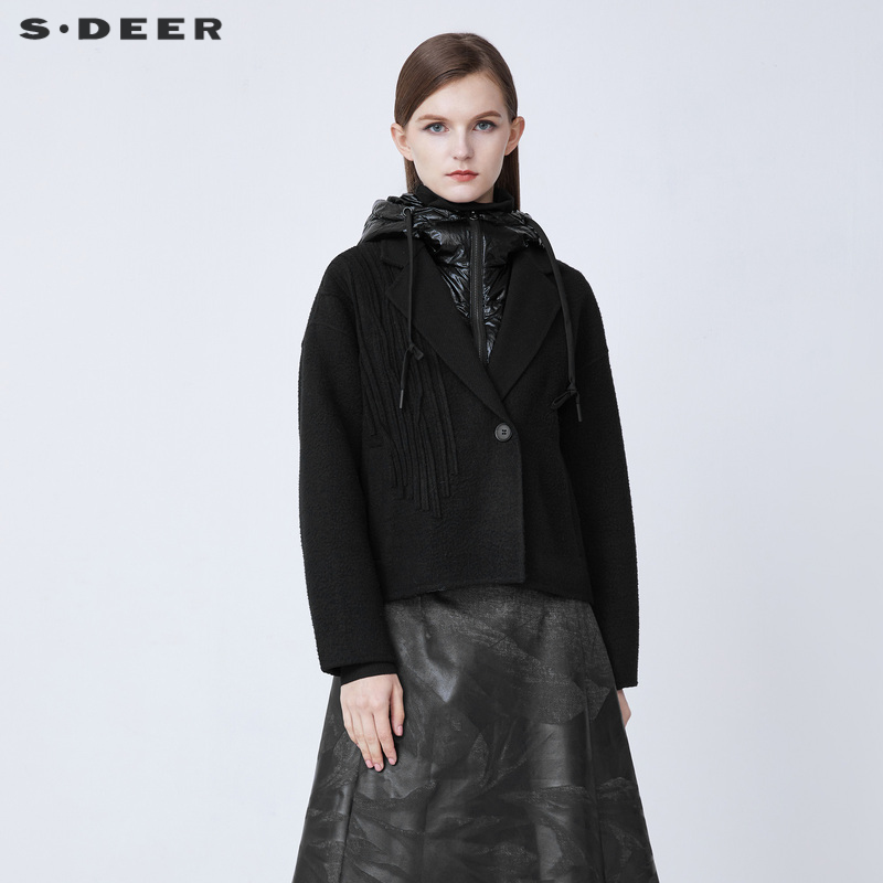 sdeer圣迪奥女装羽绒连帽拼接假两件肌理毛呢外套S21482215