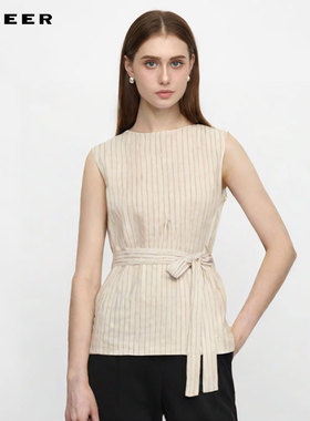 sdeer圣迪奥女装25年新品OL风圆领撞色条纹收腰无袖上衣S252Z3222