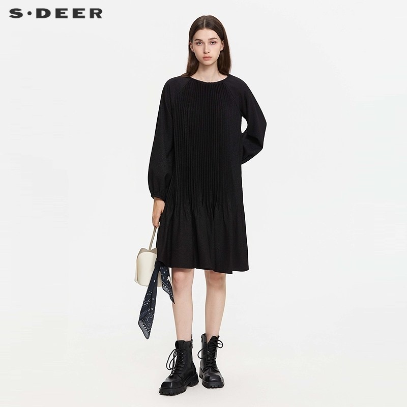 sdeer圣迪奥女装25年新品时尚圆领风琴褶插肩袖连衣裙S253Z1253,女装/女士精品,连衣裙,淘宝优惠券,粉丝福利购,淘宝优惠卷