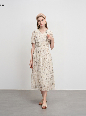 sdeer圣迪奥女装圆领印花网纱收腰泡泡袖连衣裙S242Z12D5