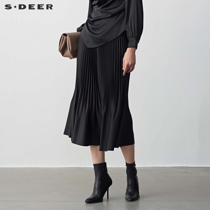 sdeer圣迪奥时尚高腰不规则百褶A字伞裙S243Z1115