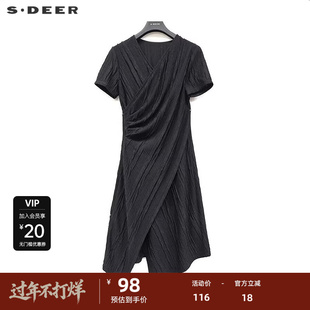 sdeer圣迪奥女装时尚V领肌理褶皱不规则短袖连衣裙S223Z12S6