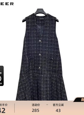 sdeer圣迪奥女装小香风V领格纹宽松无袖连衣裙S234Z1273