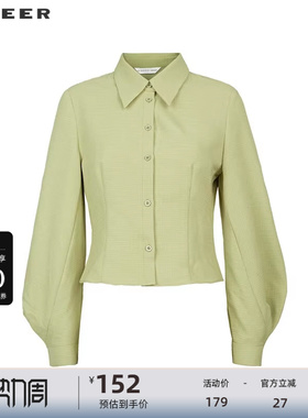 sdeer圣迪奥女装复古翻领肌理泡泡袖雪纺衬衫S233Z0546