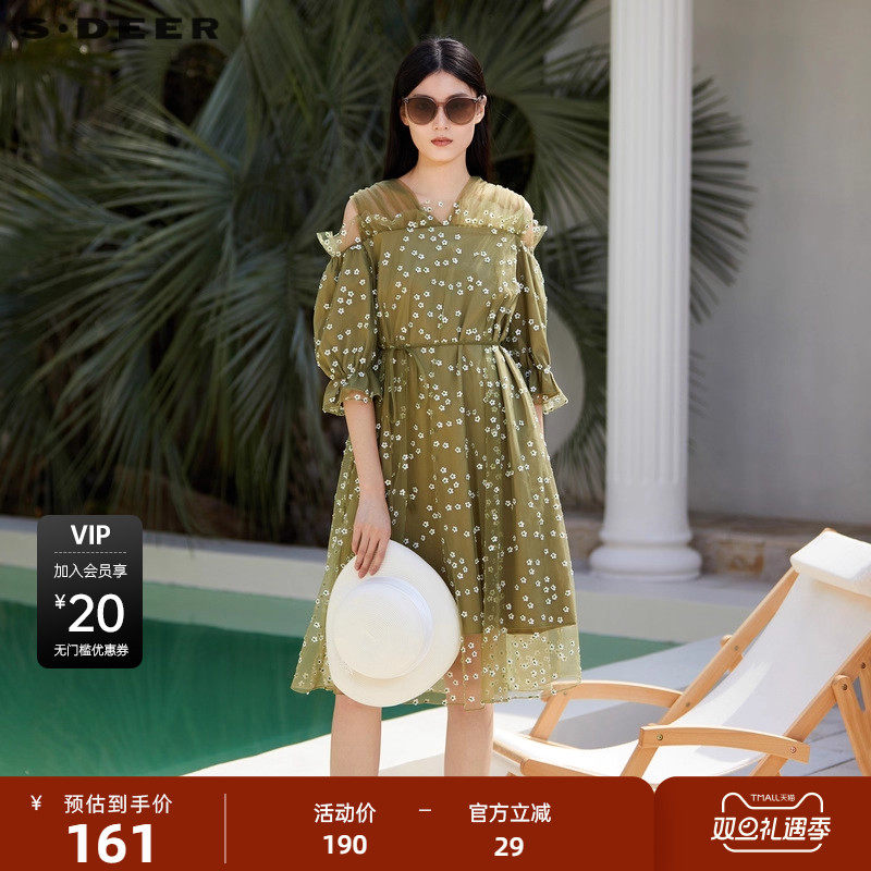 【sdeer奥莱】圣迪奥女装秋V领露肩碎花收腰长袖连衣裙S223