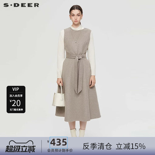 s.deer圆领收腰毛呢无袖连衣裙