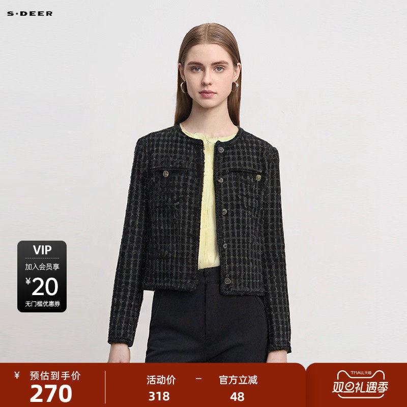 sdeer圣迪奥女装小香风圆领格纹撞色短款外套S24182201