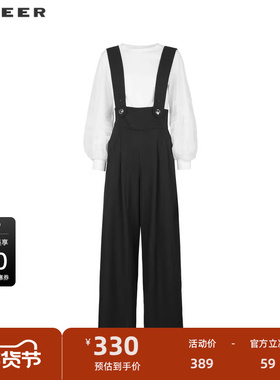 【秒杀】sdeer圣迪奥女装法式泡泡袖网纱衬衫背带裤套装S243Z1402