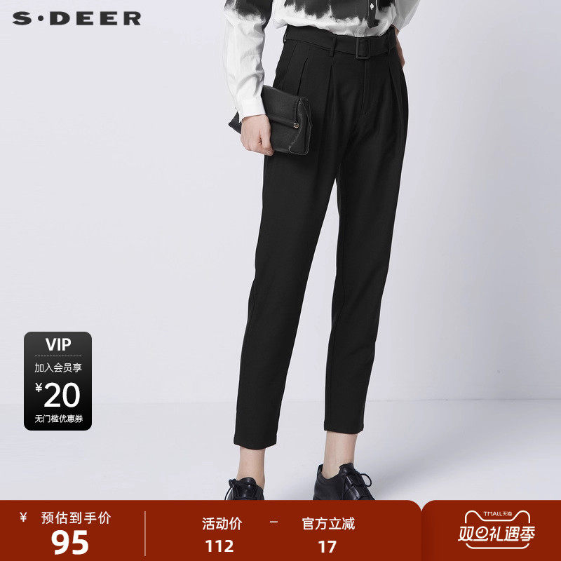 【sdeer奥莱】圣迪奥女装秋休闲系带压褶插袋黑色九分裤S213