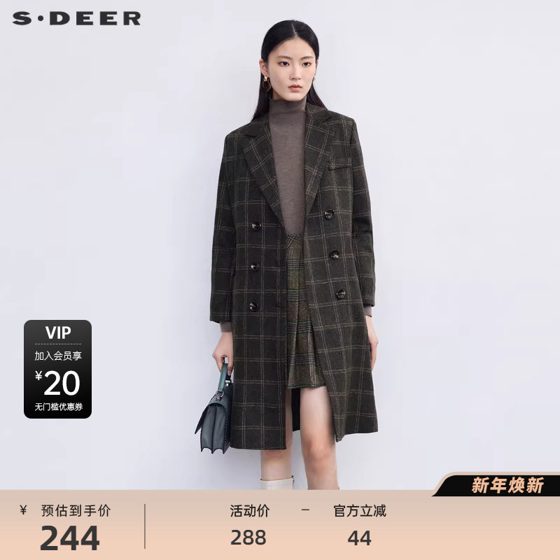 sdeer圣迪奥女装西装领双排扣格纹毛呢大衣S224Z2512