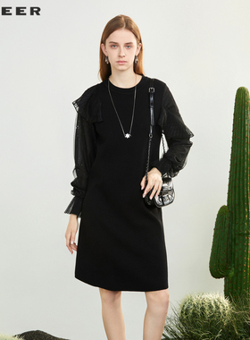 sdeer圣迪奥女装罗纹圆领网纱黑色针织连衣裙S224Z1265