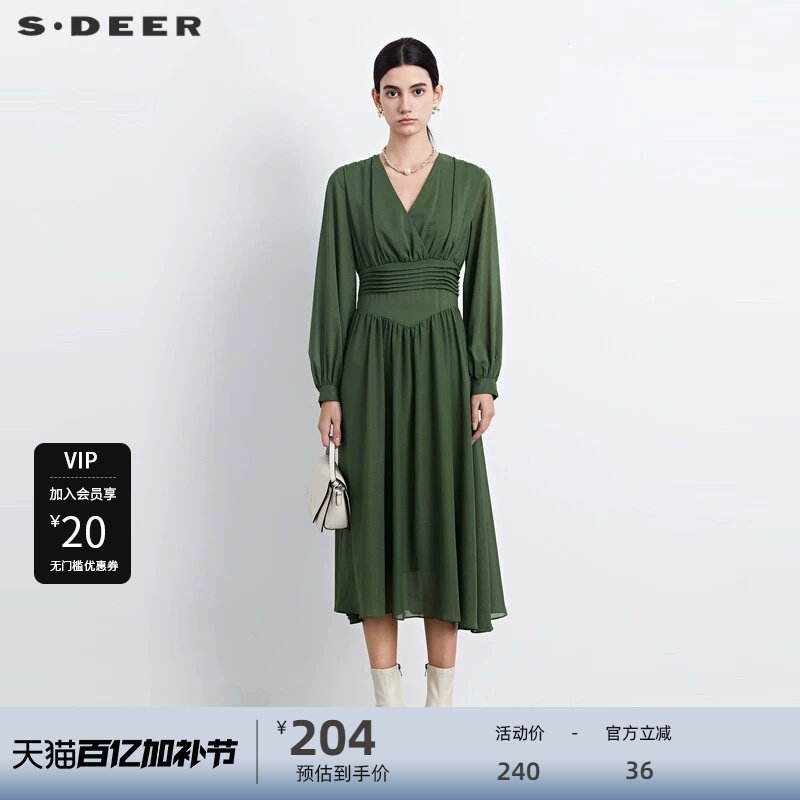 sdeer圣迪奥女装秋V领压褶垂坠雪纺长袖连衣裙S233Z12P