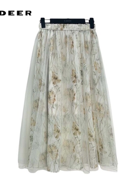sdeer圣迪奥女装田园风套装松紧网纱印花A字长裙S242Z1144