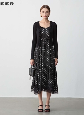 sdeer圣迪奥女装法式木耳边波点针织吊带裙套装S243Z1424