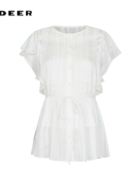 sdeer圣迪奥女装田园风收腰荷叶边吊带两件套衬衫S242Z0455