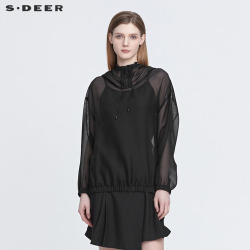 s.deer网纱撞色字母连帽卫衣