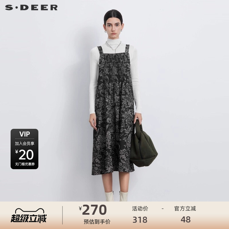 s.deer时尚风琴褶印花背带连衣裙