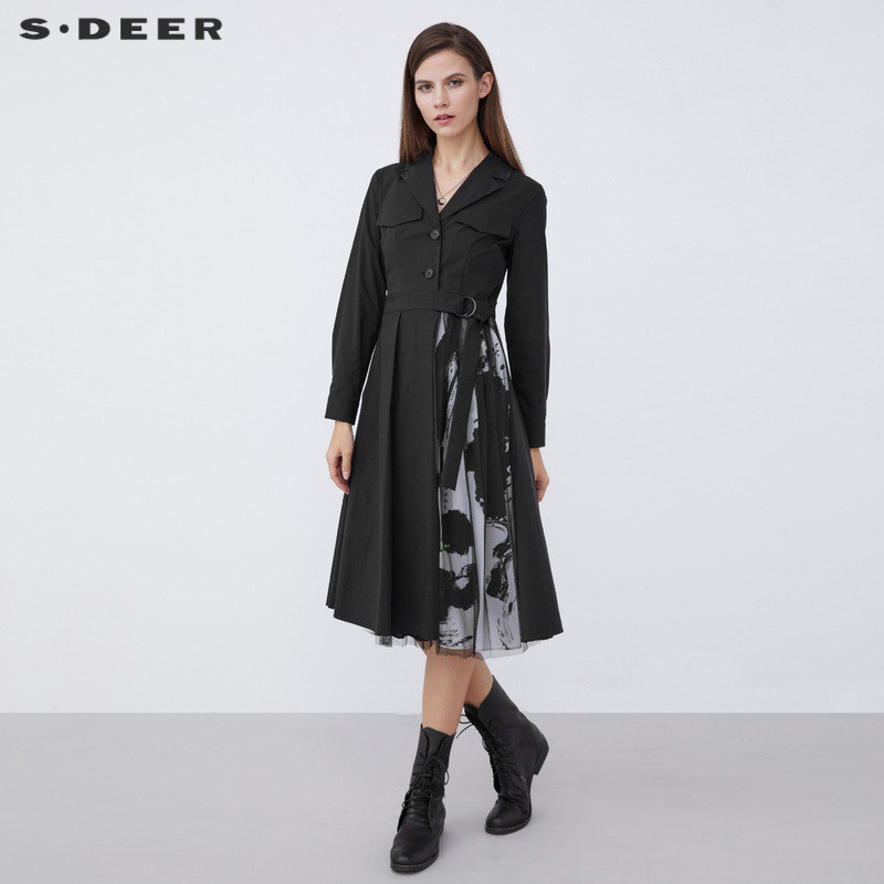 sdeer圣迪奥女装西装领印花网纱收腰连衣裙S213Z1225