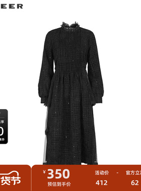sdeer圣迪奥女装木耳边圆领风琴褶网纱格纹连衣裙S234Z12F4