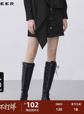 S·DEER圣迪奥女装秋个性时尚撞色印花牛仔A字短裙S21381305