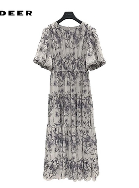 sdeer圣迪奥女装圆领碎褶印花撞色泡泡袖连衣裙S242Z12B1