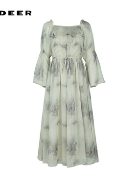 sdeer圣迪奥女装方领木耳边收腰晕染雪纺连衣裙S242Z12U1