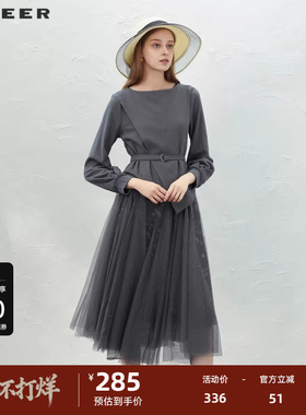 sdeer圣迪奥女装秋网纱印花收腰针织衫连衣裙套装S231Z1408