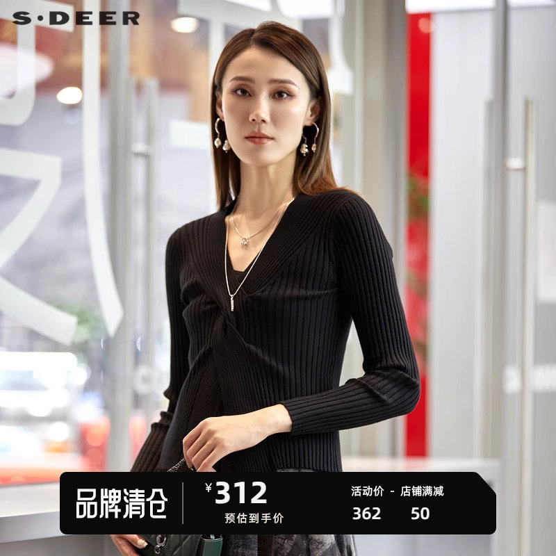 S·DEER圣迪奥女装秋V领网纱印花针织两件吊带连衣裙S221Z1209