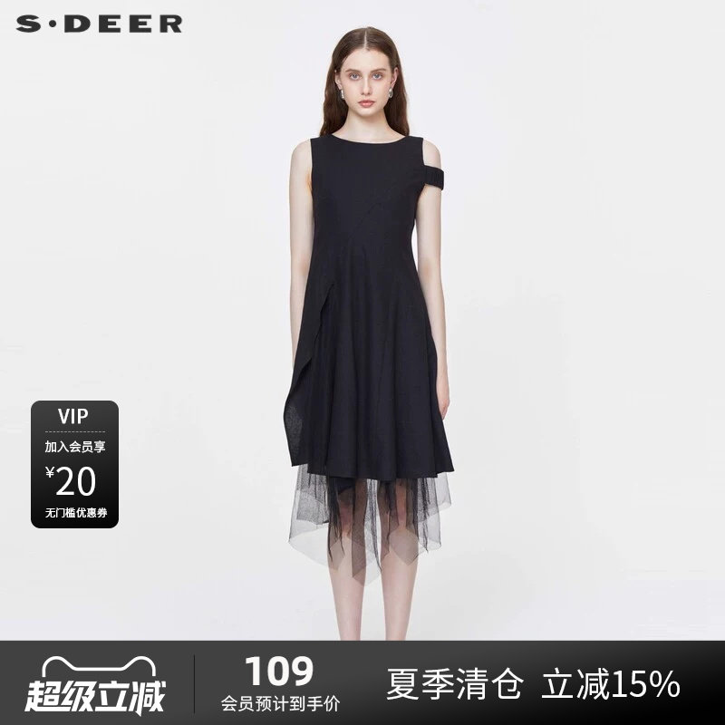 s.deer露肩国风连衣裙装不规则摆图片