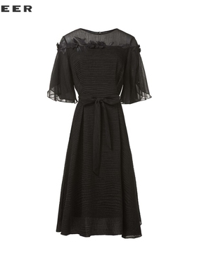 sdeer圣迪奥女装圆领绣花雪纺收腰网纱短袖连衣裙S242Z1216