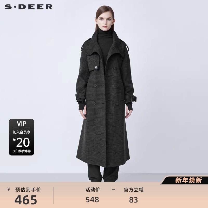 【反季清仓】sdeer圣迪奥复古收腰撞色格纹直筒毛呢大衣S214