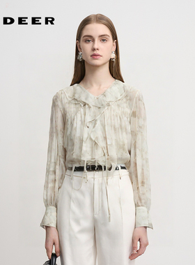 sdeer圣迪奥女装荷叶边V领印花吊带两件套衬衫S242Z0507