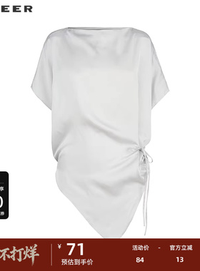 sdeer圣迪奥女装OL风一字领收腰不规则短袖衬衫S223Z0472