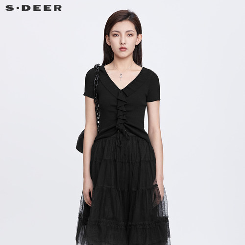 s.deer优雅抽褶堆叠修身针织衫