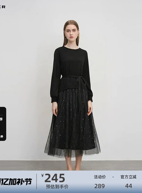 sdeer圣迪奥女装圆领收腰拼接网纱优雅连衣裙S241Z1205