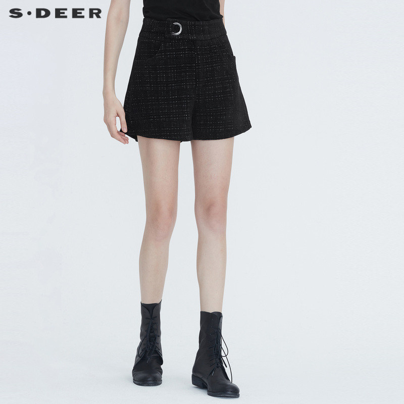 sdeer圣迪奥女装复古时尚撞色格纹插袋短裤靴裤S2046090