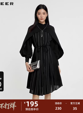 sdeer圣迪奥女装秋立领条纹收腰灯笼袖连衣裙S231Z1269