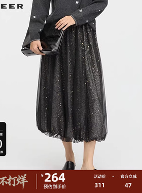 sdeer圣迪奥女装25年新品松紧高腰亮片网纱A字长裙S253Z1108