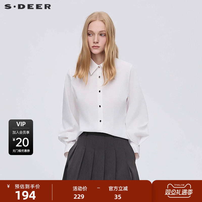 sdeer圣迪奥女装25年新品OL风翻领压褶灯笼袖白色衬衫S253Z0558