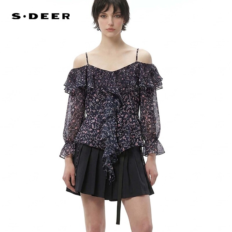 sdeer圣迪奥女装26年新品法式碎花露肩荷叶边雪纺上衣S262Z3204