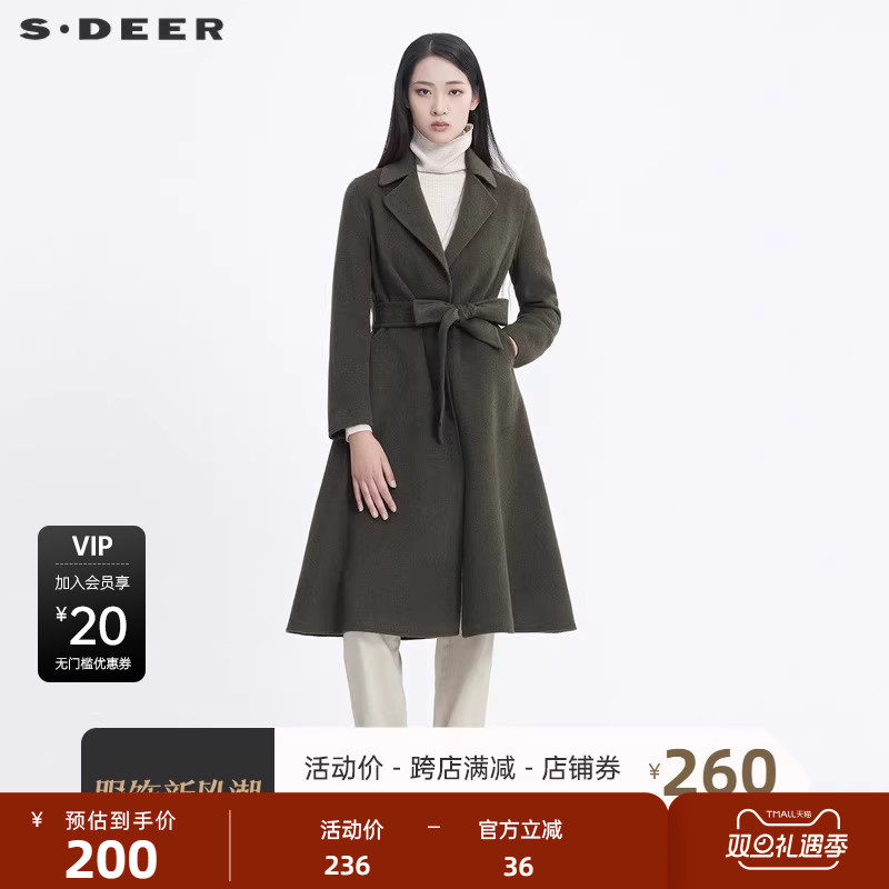 sdeer圣迪奥新时尚翻领收腰拼接长款毛呢大衣女外套S20461