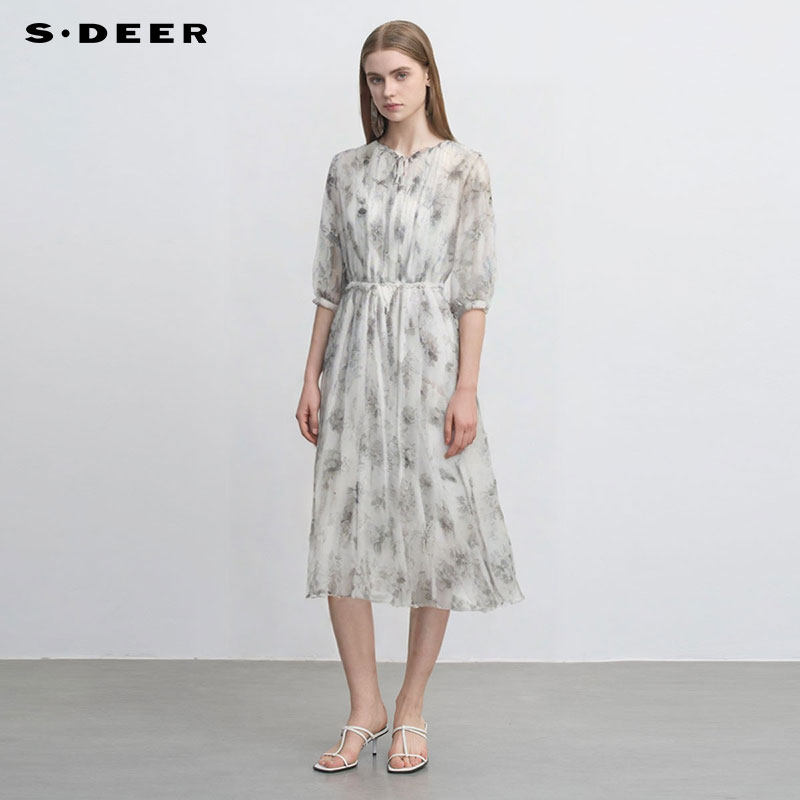 sdeer圣迪奥女装圆领风琴褶收腰印花吊带裙连衣裙套装S242Z1420