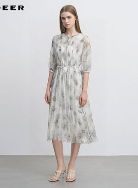 sdeer圣迪奥女装圆领风琴褶收腰印花吊带裙连衣裙套装S242Z1420