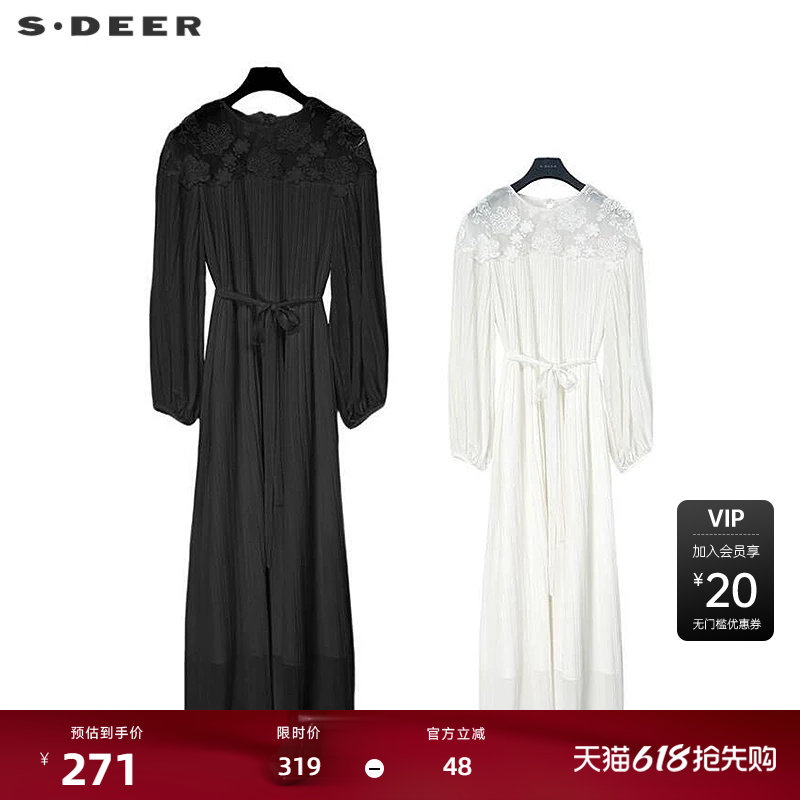 sdeer圣迪奥女装复古圆领绣花收腰肌理连衣裙S243Z1287