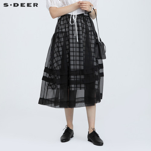 S·DEER圣迪奥女装通勤个性松紧撞色格纹网纱拼接长裙S21281141