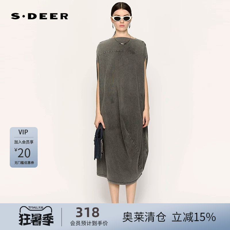 sdeer圣迪奥女装25年新品一字领拼接不规则宽松连衣裙S25281219