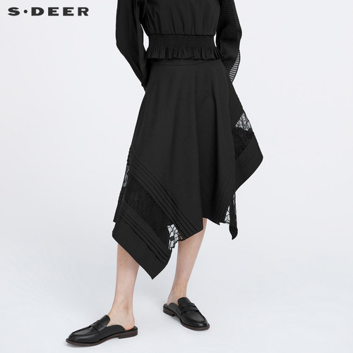 s.deer蕾丝拼接压褶A字长裙