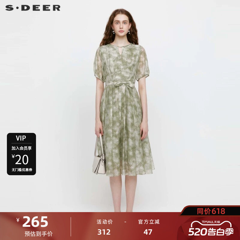 sdeer圣迪奥女装田园风圆领收腰碎花短袖连衣裙S242Z12F
