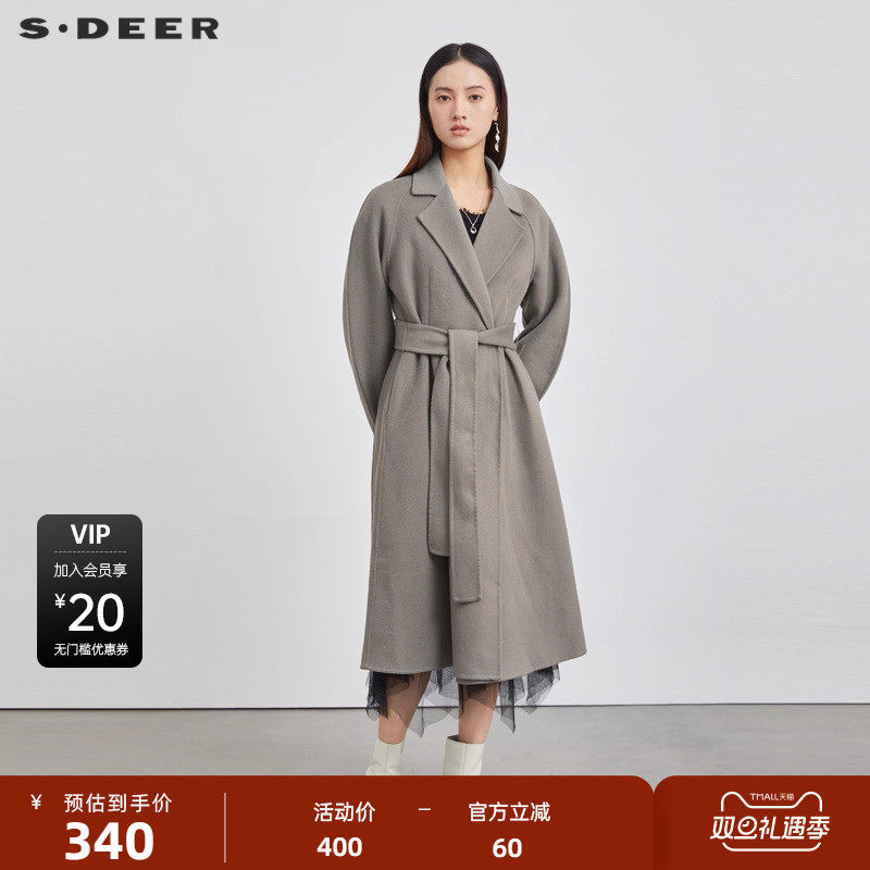 s.deer西装领收腰双面呢长款大衣
